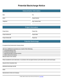 Back Charge Notice Form for Construction Contractors