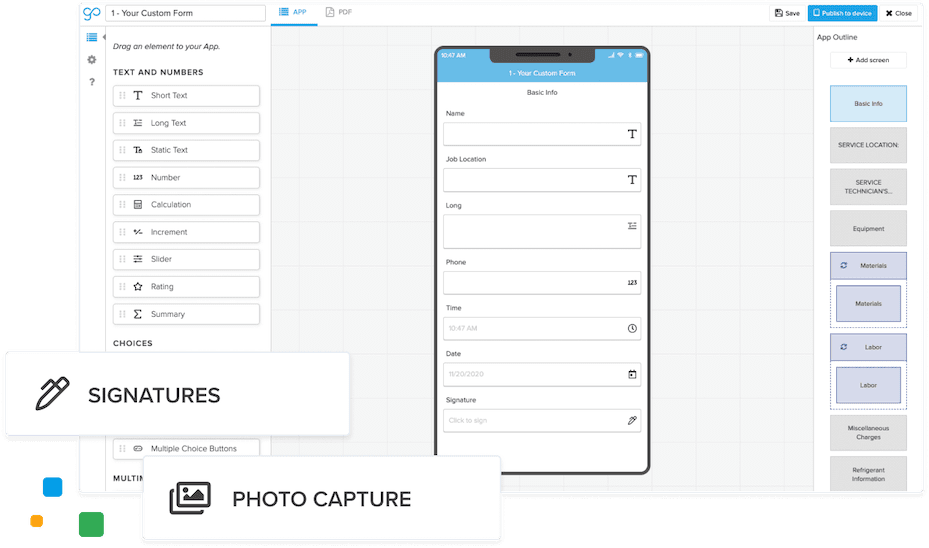 GoCanvas mobile form on tablet and iPad, Apple phone, and Android phone
